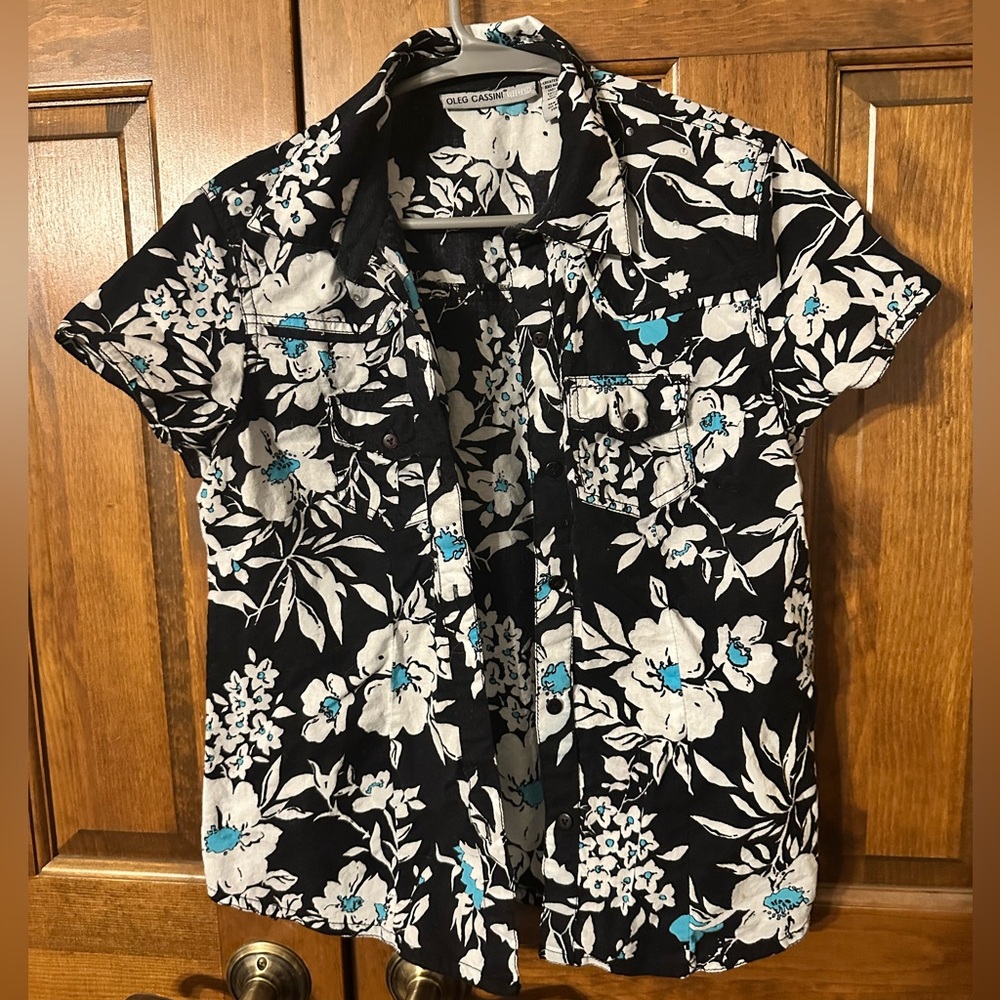 Oleg Cassini Weekend Floral Button Down Blouse Medium Black Blue Cotton - Picture 5 of 12